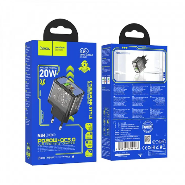 Мережевий зарядний пристрій HOCO N34 Dazzling dual-port PD20W+QC3.0 charger Transparent Чорний