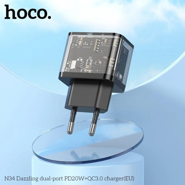 Мережевий зарядний пристрій HOCO N34 Dazzling dual-port PD20W+QC3.0 charger Transparent Чорний