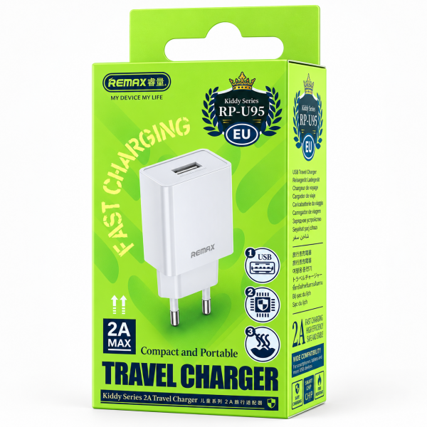 Мережевий зарядний пристрій REMAX Kiddy Series 2.4A Travel Charger RP-U95 EU-White (6954851201489)