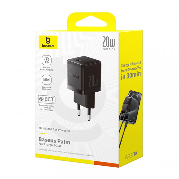 Мережевий зарядний пристрій з кабелем Baseus Palm Fast Charger 1C 20W EU Cosmic Black set USB-C to iP 20W 1m (E0116401)