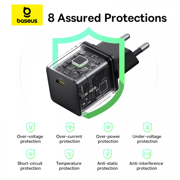 Мережевий зарядний пристрій з кабелем Baseus Palm Fast Charger 1C 20W EU Cosmic Black set USB-C to iP 20W 1m (E0116401)