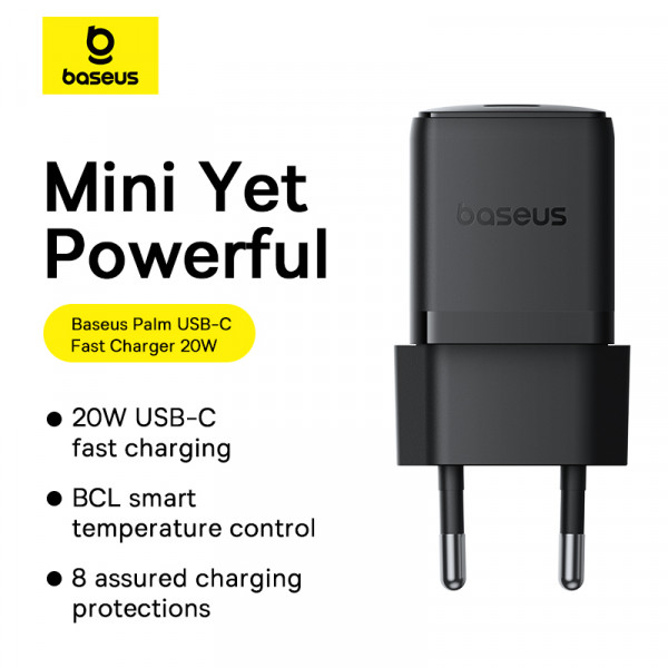 Мережевий зарядний пристрій з кабелем Baseus Palm Fast Charger 1C 20W EU Cosmic Black set USB-C to iP 20W 1m (E0116401)