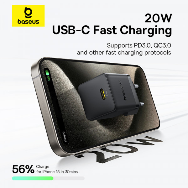 Мережевий зарядний пристрій з кабелем Baseus Palm Fast Charger 1C 20W EU Cosmic Black set USB-C to iP 20W 1m (E0116401)
