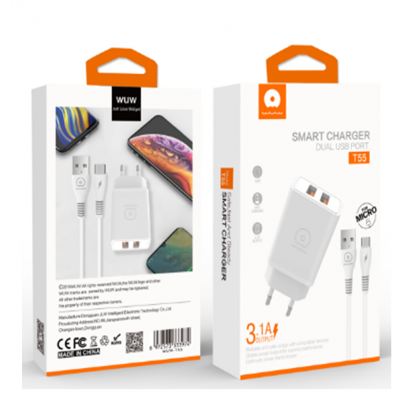 Мережевий зарядний пристрій з кабелем WUW-T55 2USB/3.1A set IP (6972573333998)