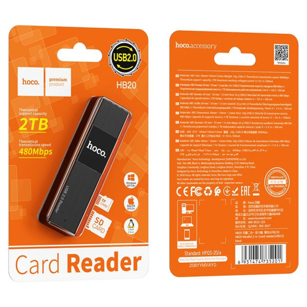 USB-хаб HOCO HB20 Mindful 2-in-1card reader(USB2.0) Black