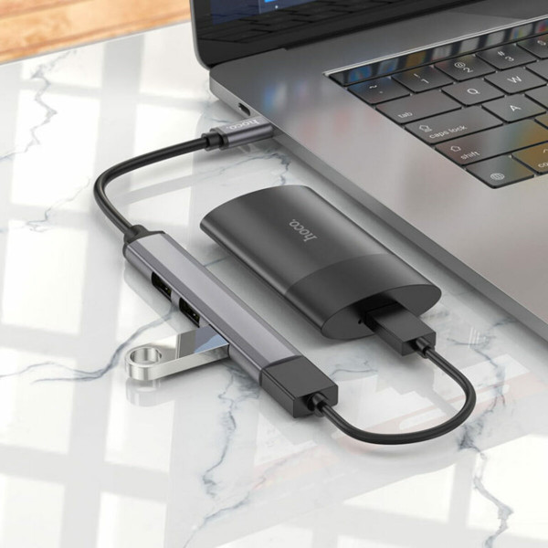 USB-хаб HOCO HB26 4 in 1 adapter(Type-C to USB3.0+USB2.0*3) Metal Gray
