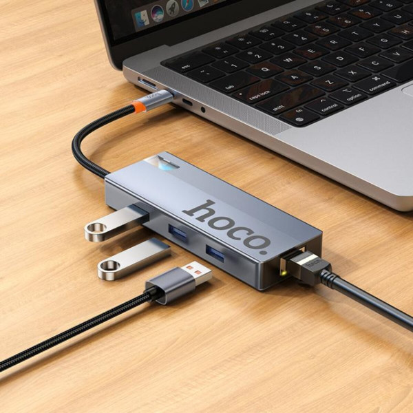 USB-хаб HOCO HB51 Wow 6-in-1 multi-function converter (HDTV+RJ45+PD+USB3.0*3) Deep Space Gray