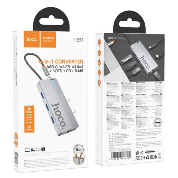 USB-хаб HOCO HB51 Wow 6-in-1 multi-function converter (HDTV+RJ45+PD+USB3.0*3) Deep Space Gray
