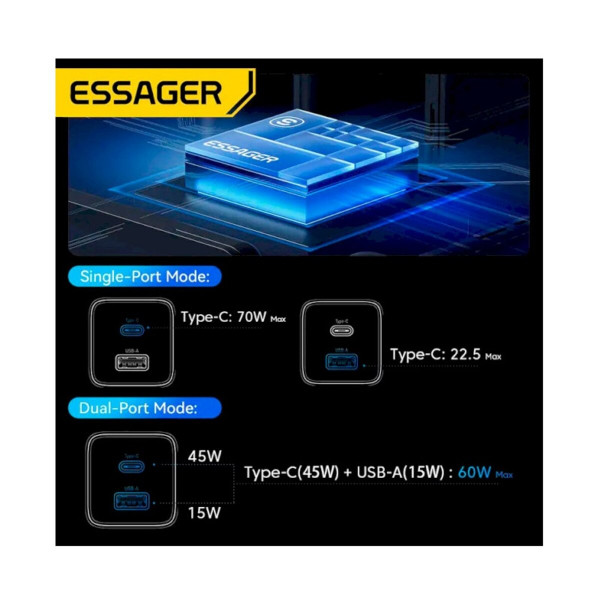 Зарядний пристрій ESSAGER EZCT70 Gan 1USB 1T-C 70W білий