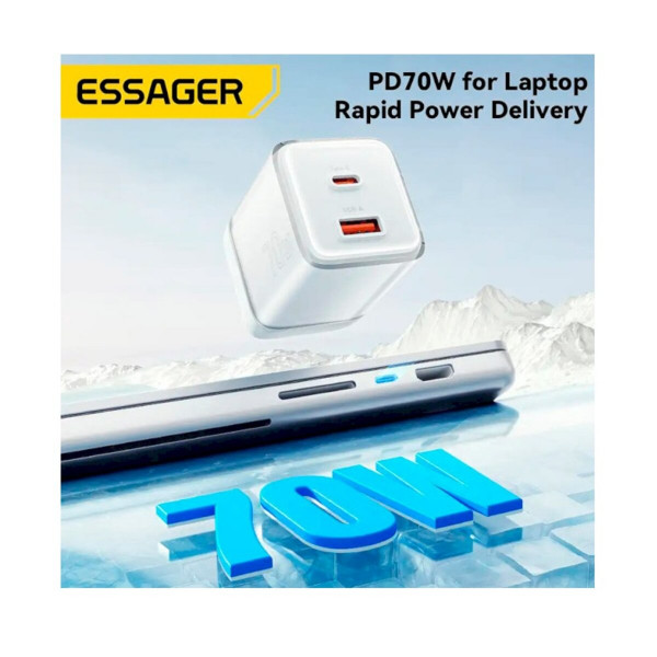 Зарядний пристрій ESSAGER EZCT70 Gan 1USB 1T-C 70W білий