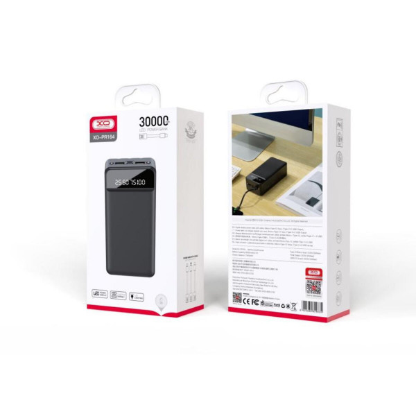 Зовнішній акумулятор XO PR164 Power bank with emergency lights, charging cable (Micro, TYPE-C, Lightning) 30000mAh Black