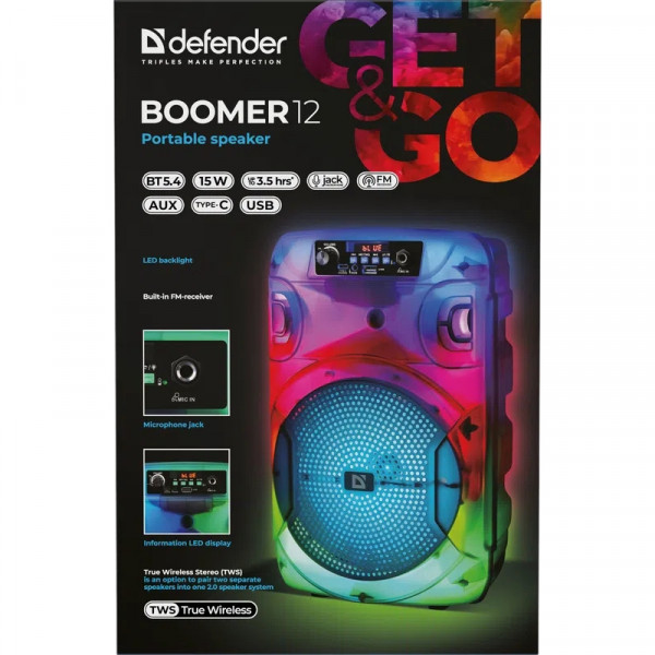 Акустична система 1.0 Boomer 12, 15Вт, Bluetooth/FM/USB/LED/AUX чорна