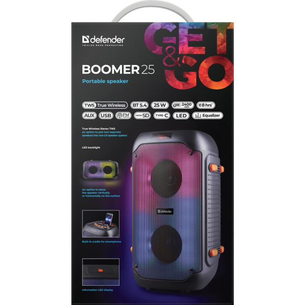 Акустична система 2.0 Defender Boomer 25, 25Вт RGB/BT/FM/USB/TF/AUX/MIC, чорна