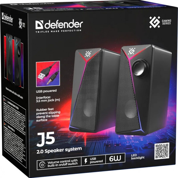 Акустична система 2.0 Defender J5, 6Вт, підсвітка, USB, чорна