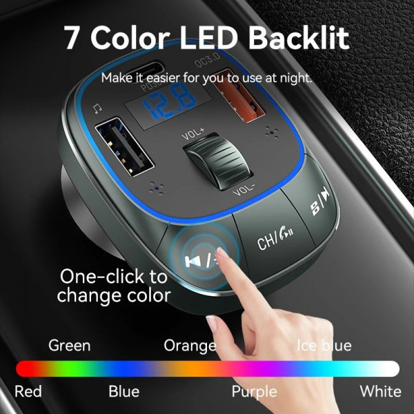 Автомобільний FM-трансміттер Vention PD 54W 3-Port USB (C+A+A) LED/USB Flash/Bluetooth, вольтметр