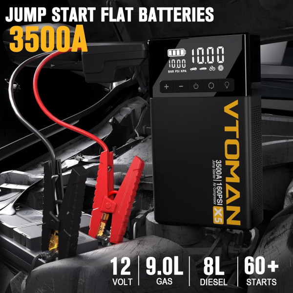 Автомобільний Jump Starter X5 3500A, компресор 160PSI 16000mAh USB QC3.0 DC15V/10A LED Light Vtoman