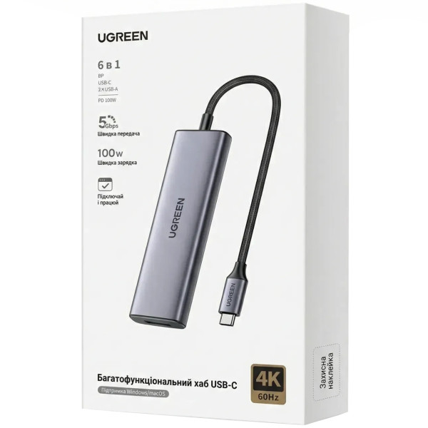 Док-станція USB3.0 Type-C -> DP4K60Hz/3xUSB-А /2xType-C/100W 5-in-1 CM511 Ugreen
