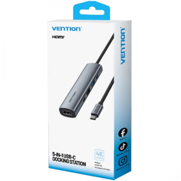Док-станція USB3.0 Type-C -> HDMI 4K30Hz /USB 3.0/USB 2.0/Type-C 2.0/ PD 100W Hub 5-in-1 Vention