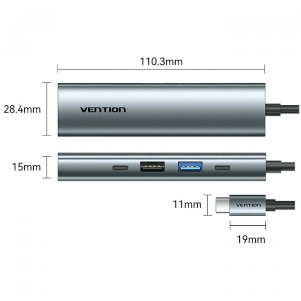 Док-станція USB3.0 Type-C -> HDMI 4K30Hz /USB 3.0/USB 2.0/Type-C 2.0/ PD 100W Hub 5-in-1 Vention