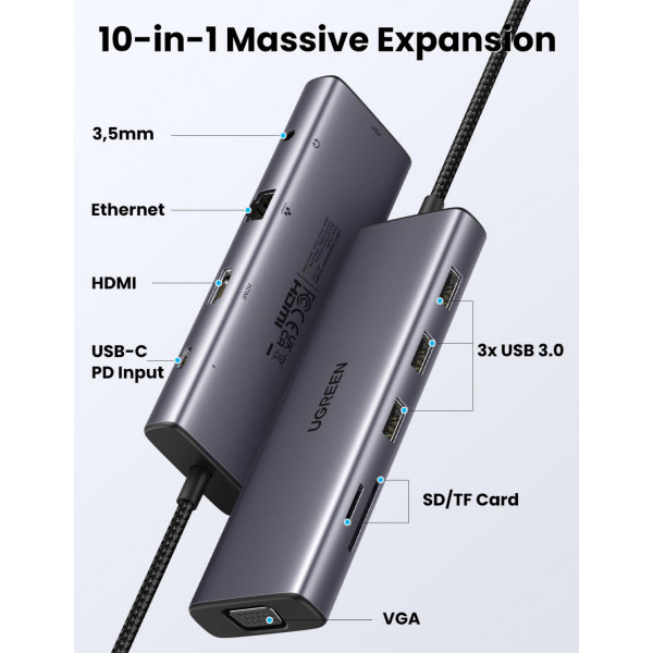 Док-станція USB3.1 Type-C -> HDMI 4K30Hz/VGA/USB 3.0х3/RJ45/SD/TF/PD/3,5мм TRRS 100W 10-in-1 CM498