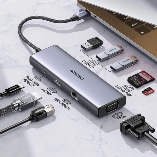 Док-станція USB3.1 Type-C -> HDMI 4K30Hz/VGA/USB 3.0х3/RJ45/SD/TF/PD/3,5мм TRRS 100W 10-in-1 CM498