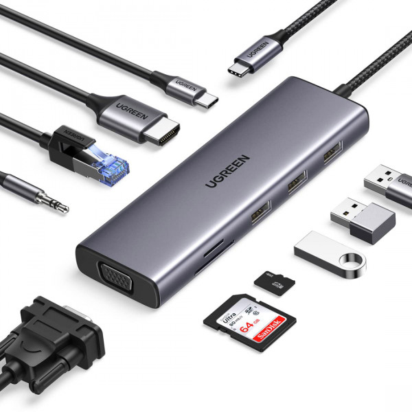 Док-станція USB3.1 Type-C -> HDMI 4K30Hz/VGA/USB 3.0х3/RJ45/SD/TF/PD/3,5мм TRRS 100W 10-in-1 CM498