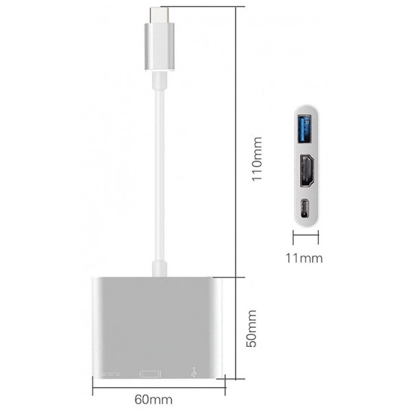 Док-станція USB3.1 Type-C -> HDMI/USB3.0/Type-C (F), кабель 0.1м, OEM
