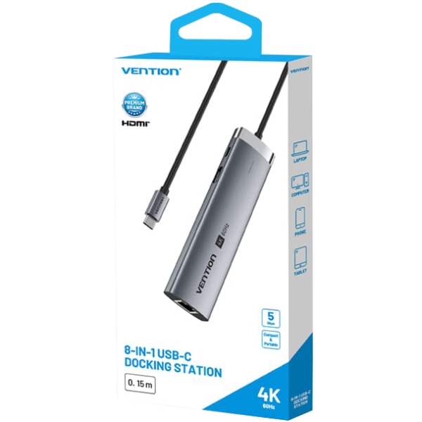 Док-станція USB3.2 Type-C -> HDMI 4K60Hz/USB 3.0/USB2.0/RJ45/SD/TF/PD 100W Hub 8-in-1 Vention