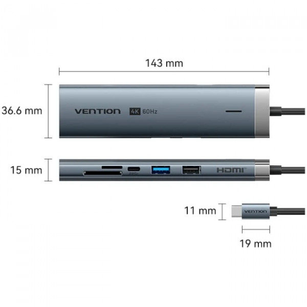 Док-станція USB3.2 Type-C -> HDMI 4K60Hz/USB 3.0/USB2.0/RJ45/SD/TF/PD 100W Hub 8-in-1 Vention