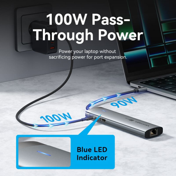 Док-станція USB3.2 Type-C -> HDMI 4K60Hz/USB 3.0/USB2.0/RJ45/SD/TF/PD 100W Hub 8-in-1 Vention
