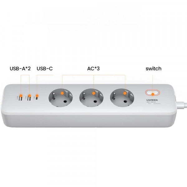 Фільтр живлення Power filtr 2м Ugreen, 3 розетки + 2 USB-A + PD, білий