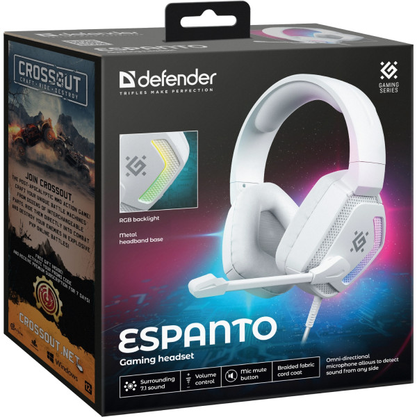 Гарнітура Defender Espanto, USB 7.1, RGB, 2м, White