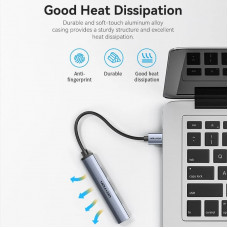 Хаб USB 3.0 -> 1xUSB 3.0/3xUSB 2.0, 0.15м, 5 Гбіт/с, Grey Vention