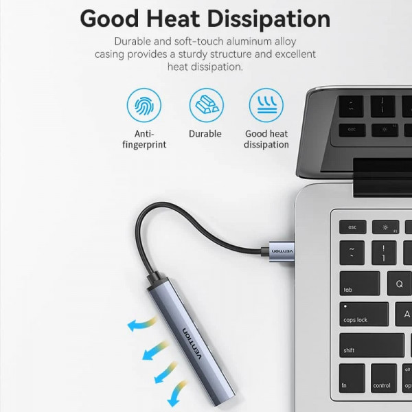 Хаб USB 3.0 -> 1xUSB 3.0/3xUSB 2.0, 0.15м, 5 Гбіт/с, Grey Vention