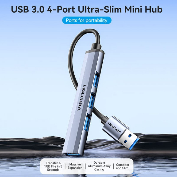 Хаб USB 3.0 -> 1xUSB 3.0/3xUSB 2.0, 0.15м, 5 Гбіт/с, Grey Vention