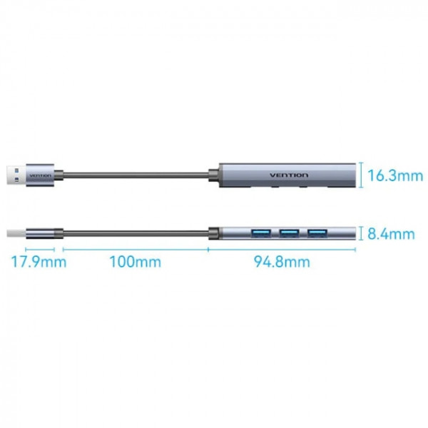 Хаб USB 3.0 -> 1xUSB 3.0/3xUSB 2.0, 0.15м, 5 Гбіт/с, Grey Vention