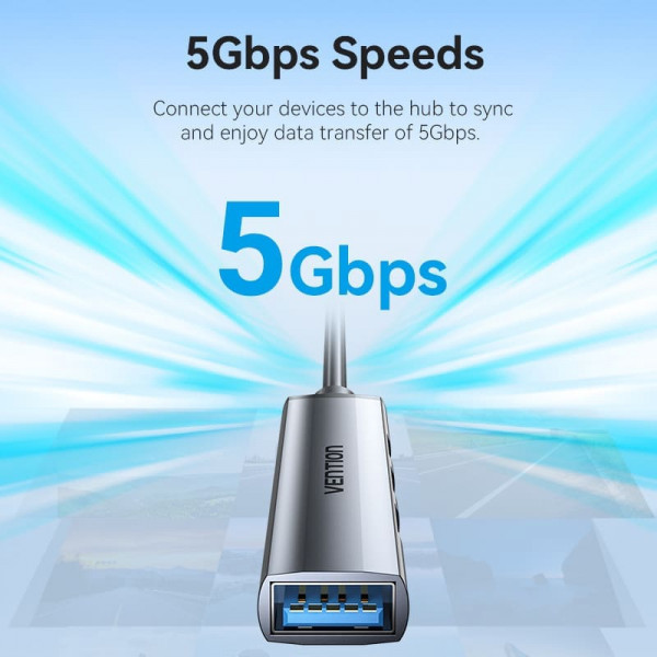 Хаб USB 3.0 -> 1xUSB 3.0/3xUSB 2.0, 0.15м, 5 Гбіт/с, Grey Vention