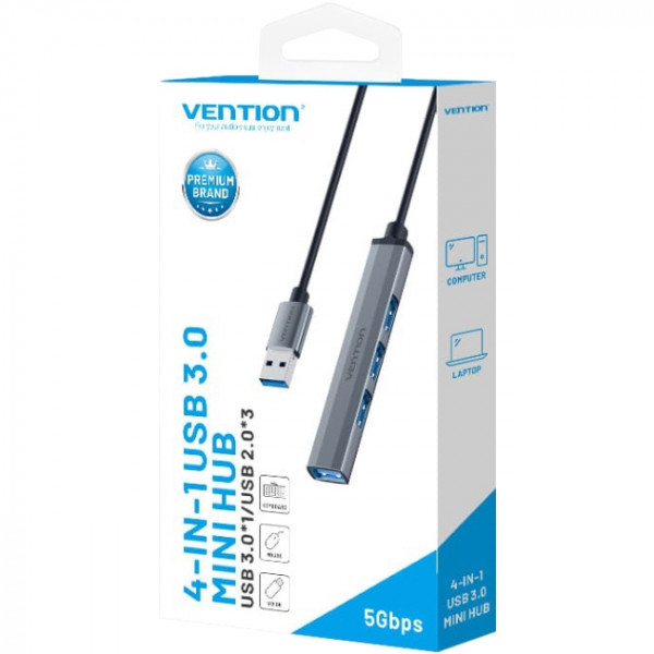 Хаб USB 3.0 -> 1xUSB 3.0/3xUSB 2.0, 0.15м, 5 Гбіт/с, Grey Vention