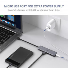 Хаб USB 3.0 -> 4xUSB 3.0 active, з живленням Type-C, 15см CM219 Ugreen