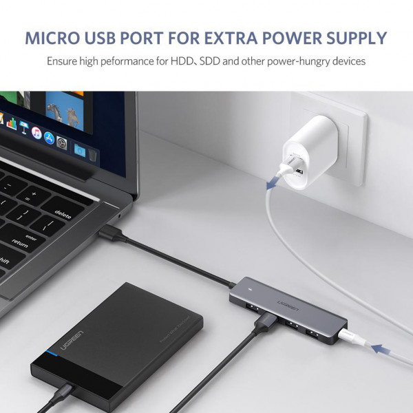 Хаб USB 3.0 -> 4xUSB 3.0 active, з живленням Type-C, 15см CM219 Ugreen