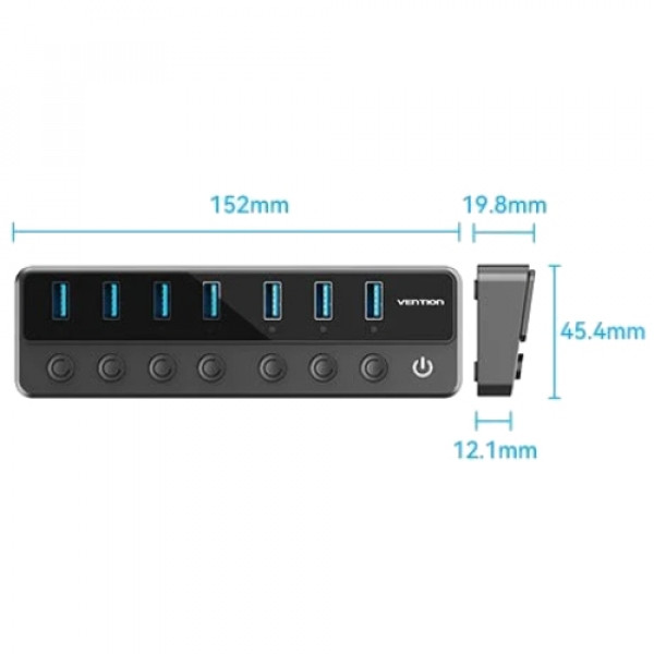 Хаб USB 3.0 -> 7xUSB 3.0, з вимикачами, 1.0м, 5Gbps, активний, з адаптером 12В,чорний Vention