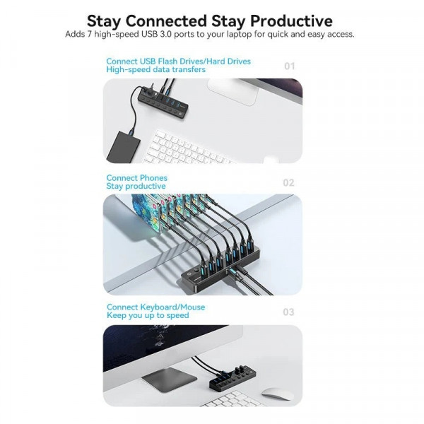 Хаб USB 3.0 -> 7xUSB 3.0, з вимикачами, 1.0м, 5Gbps, активний, з адаптером 12В,чорний Vention