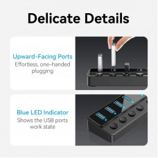 Хаб USB 3.0 -> 7xUSB 3.0, з вимикачами, 1.0м, 5Gbps, активний, з адаптером 12В,чорний Vention