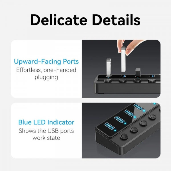 Хаб USB 3.0 -> 7xUSB 3.0, з вимикачами, 1.0м, 5Gbps, активний, з адаптером 12В,чорний Vention