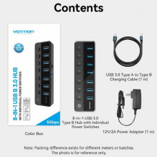 Хаб USB 3.0 -> 7xUSB 3.0, з вимикачами, 1.0м, 5Gbps, активний, з адаптером 12В,чорний Vention