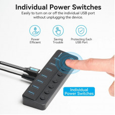 Хаб USB 3.0 -> 7xUSB 3.0, з вимикачами, 1.0м, 5Gbps, активний, з адаптером 12В,чорний Vention