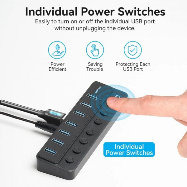 Хаб USB 3.0 -> 7xUSB 3.0, з вимикачами, 1.0м, 5Gbps, активний, з адаптером 12В,чорний Vention