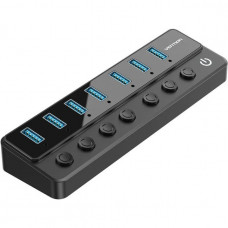Хаб USB 3.0 -> 7xUSB 3.0, з вимикачами, 1.0м, 5Gbps, активний, з адаптером 12В,чорний Vention