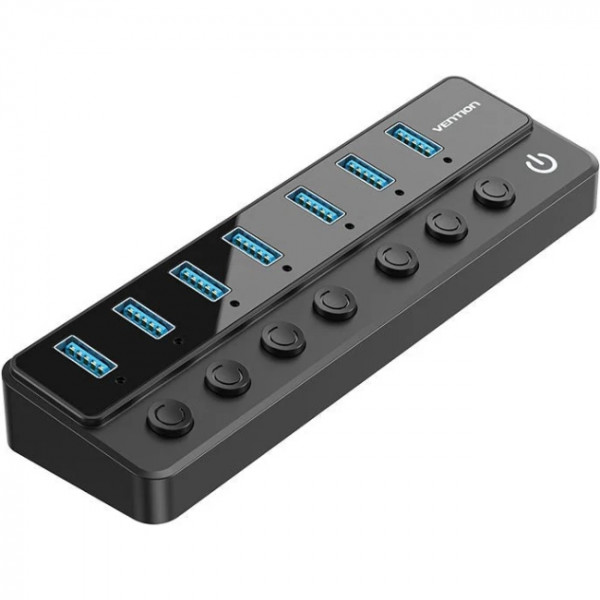 Хаб USB 3.0 -> 7xUSB 3.0, з вимикачами, 1.0м, 5Gbps, активний, з адаптером 12В,чорний Vention