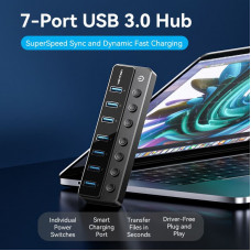 Хаб USB 3.0 -> 7xUSB 3.0, з вимикачами, 1.0м, 5Gbps, активний, з адаптером 12В,чорний Vention